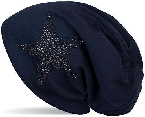 styleBREAKER Damen Slouch Beanie Mütze mit Strass Stern | Glitzer Longbeanie aus weicher Viskose | One Size für Erwachsene, Farbe:Midnight-Blue von styleBREAKER