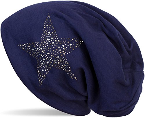 styleBREAKER Damen Slouch Beanie Mütze mit Strass Stern | Glitzer Longbeanie aus weicher Viskose | One Size für Erwachsene, Farbe:Dunkelblau von styleBREAKER