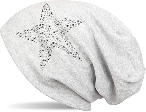 styleBREAKER Damen Beanie Mütze mit Strass Nieten Stern und Schmucksteine Silber-anthrazit, Slouch Longbeanie 04024087, Farbe:Hellgrau meliert von styleBREAKER