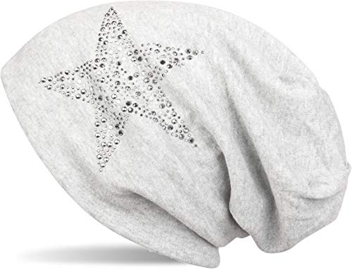 styleBREAKER Damen Slouch Beanie Mütze mit Strass Stern | Glitzer Longbeanie aus weicher Viskose | One Size für Erwachsene, Farbe:Hellgrau meliert von styleBREAKER