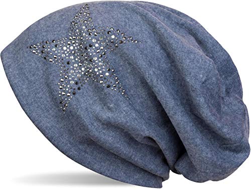 styleBREAKER Damen Beanie Mütze mit Strass Nieten Stern und Schmucksteine Silber-anthrazit, Slouch Longbeanie 04024087, Farbe:Jeansblau meliert von styleBREAKER