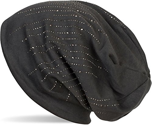 styleBREAKER Damen Beanie Mütze mit Strass Nieten im edlen Streifen Design, Slouch Longbeanie, Stoffmütze Einfarbig 04024086, Farbe:Anthrazit von styleBREAKER