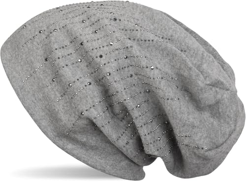 styleBREAKER Damen Beanie Mütze mit Strass Nieten im edlen Streifen Design, Slouch Longbeanie, Stoffmütze Einfarbig 04024086, Farbe:Grau meliert von styleBREAKER