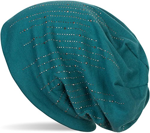 styleBREAKER Damen Beanie Mütze mit Strass Nieten im edlen Streifen Design, Slouch Longbeanie, Stoffmütze Einfarbig 04024086, Farbe:Petrol von styleBREAKER