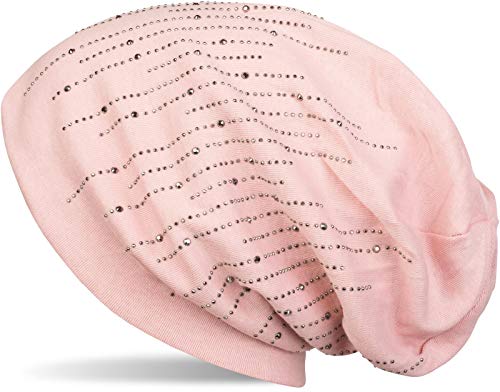 styleBREAKER Damen Beanie Mütze mit Strass Nieten im edlen Streifen Design, Slouch Longbeanie, Stoffmütze Einfarbig 04024086, Farbe:Rose von styleBREAKER