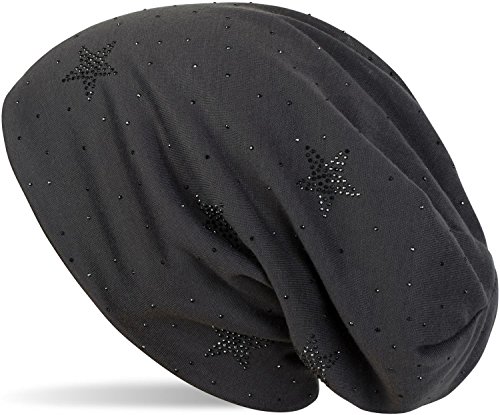styleBREAKER Beanie Mütze mit Strass Sterne und All Over Strasssteine, Slouch Longbeanie, Damen 04024116, Farbe:Anthrazit von styleBREAKER