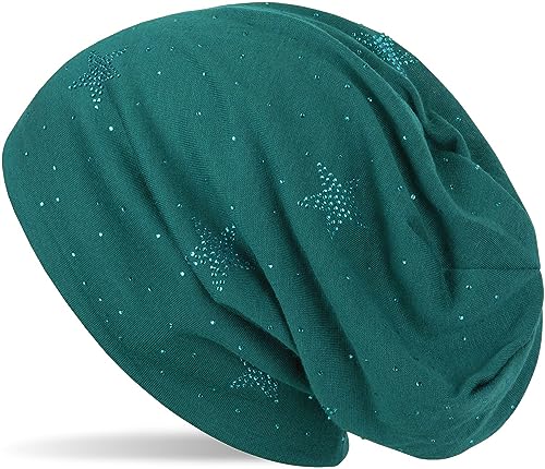 styleBREAKER Beanie Mütze mit Strass Sterne und All Over Strasssteine, Slouch Longbeanie, Damen 04024116, Farbe:Petrol von styleBREAKER