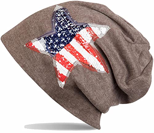 styleBREAKER Beanie Mütze mit USA Pailletten Stern Applikation, Stars and Stripes, Unisex 04024033, Farbe:Braun von styleBREAKER