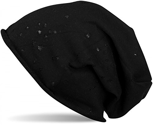 styleBREAKER Unisex Stoff Beanie Mütze mit Vintage Löcher und Rollrand im Destroyed Used Look, Longbeanie 04024052, Farbe:Schwarz-Schwarz von styleBREAKER