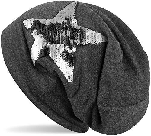 styleBREAKER Beanie Mütze mit Wendepailletten Stern Applikation, Slouch Longbeanie, Damen 04024141, Farbe:Dunkelgrau meliert von styleBREAKER