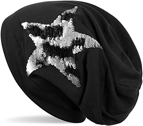 styleBREAKER Beanie Mütze mit Wendepailletten Stern Applikation, Slouch Longbeanie, Damen 04024141, Farbe:Schwarz von styleBREAKER