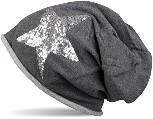 styleBREAKER Beanie Mütze mit silbernem Pailletten Stern und Rollrand, Damen 04024056, Farbe:Dunkelgrau meliert von styleBREAKER