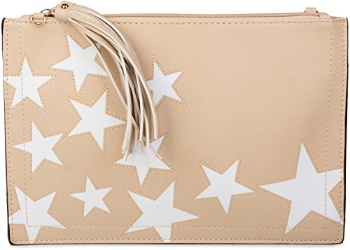 styleBREAKER Clutch mit Sterne Muster, Quasten Anhänger am Reißverschluss, Handschlaufe und Umhängegurt, Damen 02012075, Farbe:Beige von styleBREAKER