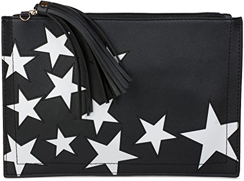 styleBREAKER Clutch mit Sterne Muster, Quasten Anhänger am Reißverschluss, Handschlaufe und Umhängegurt, Damen 02012075, Farbe:Schwarz von styleBREAKER