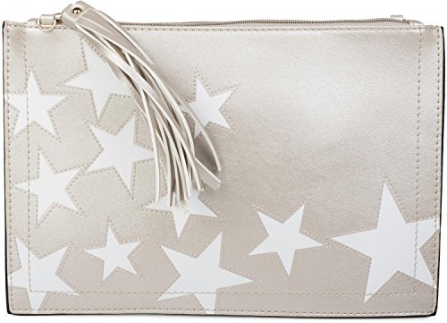 styleBREAKER Clutch mit Sterne Muster, Quasten Anhänger am Reißverschluss, Handschlaufe und Umhängegurt, Damen 02012075, Farbe:Silber von styleBREAKER