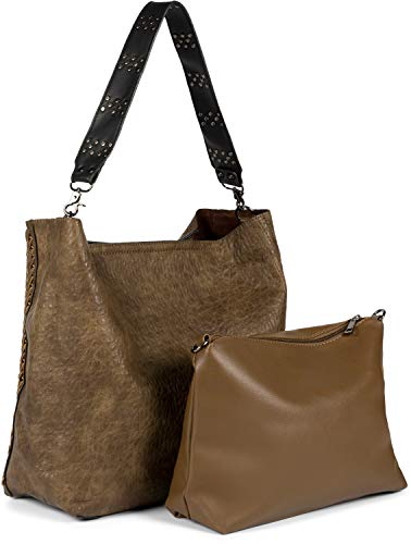 styleBREAKER Damen 2 in 1 Umhängetasche mit Nietengurt, geprägtes Kunstleder Vintage Look, Innentasche Schultertasche 02012356, Farbe:Braun von styleBREAKER