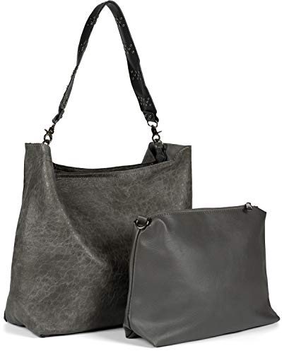 styleBREAKER Damen 2 in 1 Umhängetasche mit Nietengurt, geprägtes Kunstleder Vintage Look, Innentasche Schultertasche 02012356, Farbe:Dunkelgrau von styleBREAKER