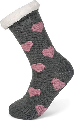 styleBREAKER Damen ABS Stoppersocken mit Teddyfutter und Herzen Muster, ABS-Socken, Größe 35-42 EU / 5-10 US / 4-8 UK 08030007, Farbe:Dunkelgrau-Altrose von styleBREAKER
