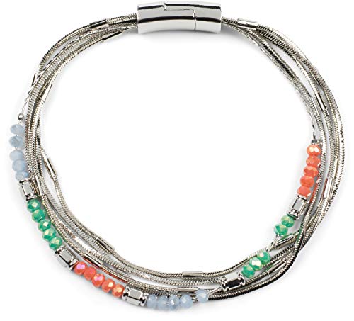 styleBREAKER Damen Armband mit feinen Schlangenketten und Kunststoff Perlen, Magnetverschluss, Armschmuck, Schmuck 05040179, Farbe:Silber/Bunt von styleBREAKER