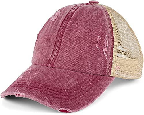 styleBREAKER Damen Baseball Cap im Washed Used Look mit Mesh Einsatz, Ponytail, 6-Panel, Klettverschluss verstellbar 04023085, Farbe:Weinrot von styleBREAKER