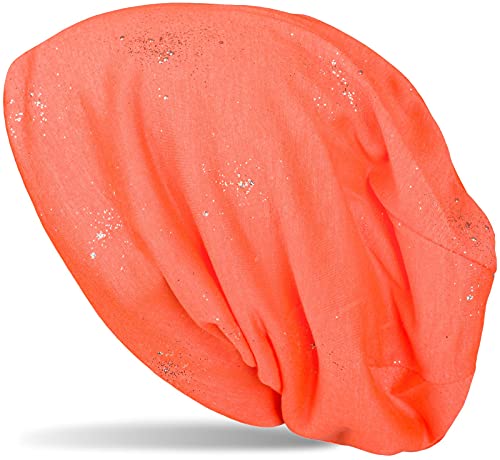 styleBREAKER Damen Beanie Mütze mit Glitzer und Pailletten Punkte, Slouch Stoff Longbeanie 04024145, Farbe:Neonorange von styleBREAKER