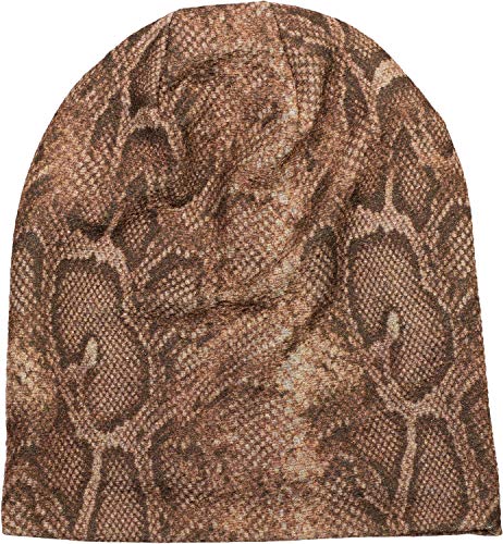 styleBREAKER Damen Beanie Mütze mit Schlange Python Muster und glitzernder Oberfläche, Slouch Longbeanie 04024174, Farbe:Hellbraun von styleBREAKER