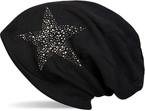 styleBREAKER Damen Beanie Mütze mit Strass Nieten Stern und Schmucksteine Silber-anthrazit, Slouch Longbeanie 04024087, Farbe:Schwarz von styleBREAKER