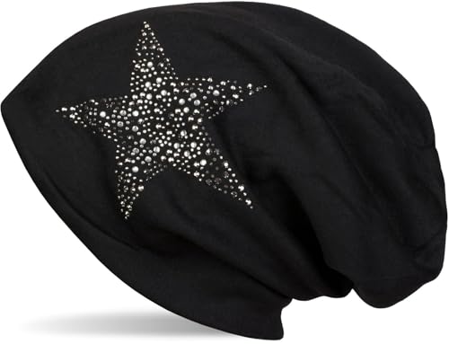 styleBREAKER Damen Slouch Beanie Mütze mit Strass Stern | Glitzer Longbeanie aus weicher Viskose | One Size für Erwachsene, Farbe:Schwarz von styleBREAKER