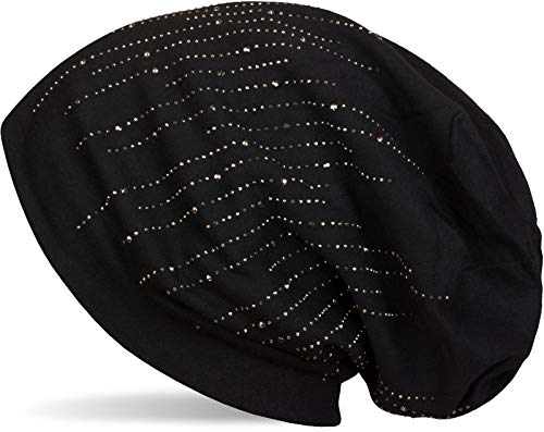 styleBREAKER Damen Beanie Mütze mit Strass Nieten im edlen Streifen Design, Slouch Longbeanie, Stoffmütze Einfarbig 04024086, Farbe:Schwarz von styleBREAKER