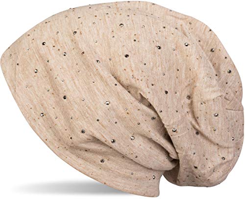 styleBREAKER Damen Beanie Mütze mit edler Strass-Nieten Applikation, Longbeanie Slouch 04024037, Farbe:Beige meliert von styleBREAKER