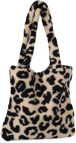 styleBREAKER Damen Beuteltasche in Teddyfell Optik mit Leo Muster - Stylische Schultertasche mit breiten Henkeln, Animal Print 02012410, Farbe:Beige-Schwarz von styleBREAKER