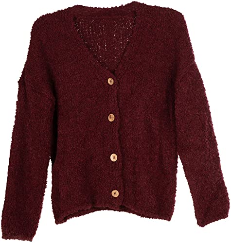 styleBREAKER Damen Boucle Strick Cardigan mit Knopfleiste, Strickjacke einfarbig, Bouclé Strickweste, OneSize 08010081, Farbe:Bordeaux-Violett von styleBREAKER