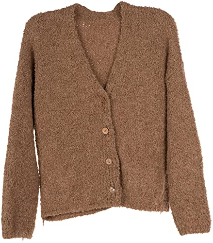 styleBREAKER Damen Boucle Strick Cardigan mit Knopfleiste, Strickjacke einfarbig, Bouclé Strickweste, OneSize 08010081, Farbe:Braun von styleBREAKER