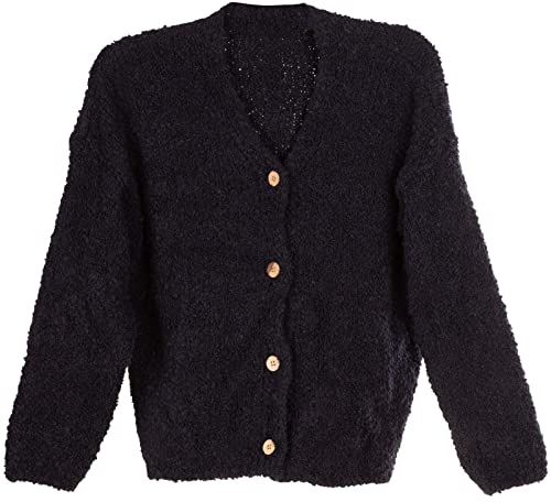 styleBREAKER Damen Boucle Strick Cardigan mit Knopfleiste, Strickjacke einfarbig, Bouclé Strickweste, OneSize 08010081, Farbe:Dunkelblau von styleBREAKER