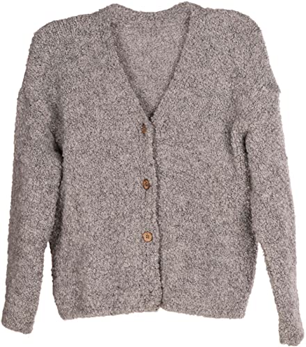 styleBREAKER Damen Boucle Strick Cardigan mit Knopfleiste, Strickjacke einfarbig, Bouclé Strickweste, OneSize 08010081, Farbe:Hellgrau von styleBREAKER