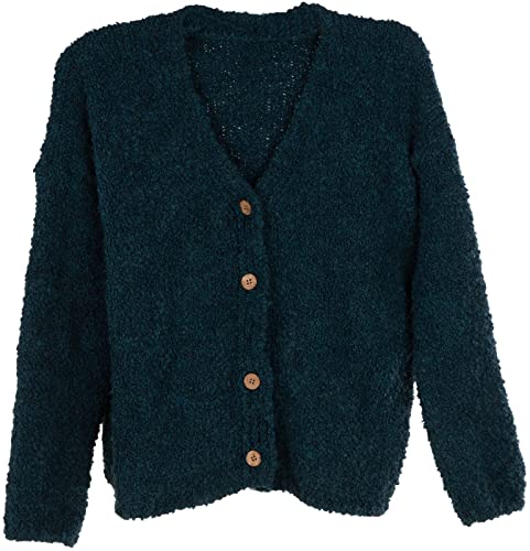 styleBREAKER Damen Boucle Strick Cardigan mit Knopfleiste, Strickjacke einfarbig, Bouclé Strickweste, OneSize 08010081, Farbe:Petrol von styleBREAKER