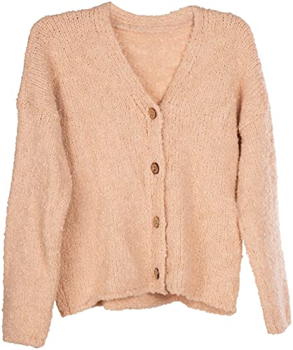 styleBREAKER Damen Boucle Strick Cardigan mit Knopfleiste, Strickjacke einfarbig, Bouclé Strickweste, OneSize 08010081, Farbe:Rose von styleBREAKER