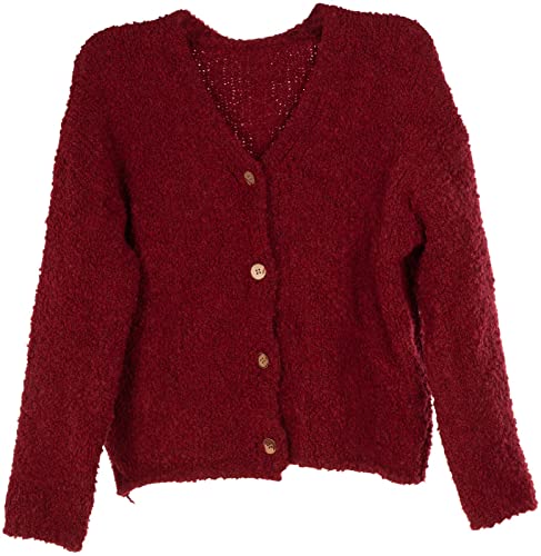 styleBREAKER Damen Boucle Strick Cardigan mit Knopfleiste, Strickjacke einfarbig, Bouclé Strickweste, OneSize 08010081, Farbe:Weinrot von styleBREAKER