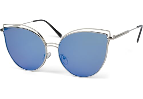 styleBREAKER Damen Cat Eye Sonnenbrille mit doppeltem Rahmen und Polycarbonat Gläser, Katzenaugen Form 09020121, Farbe:Gestell Silber/Glas Blau verspiegelt von styleBREAKER