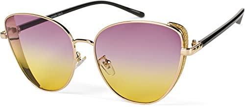 styleBREAKER Damen Cateye Sonnenbrille mit Glitzer Element, Metall Rahmen und Polycarbonat Gläser, Katzenaugen Form, Retro Look 09020104, Farbe:Gestell Gold/Glas Violett-Gelb Verlauf von styleBREAKER