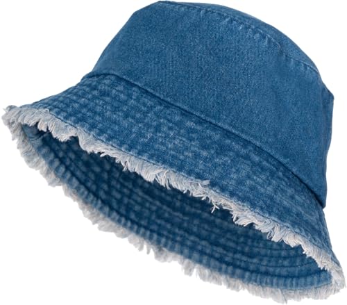 styleBREAKER Damen Denim Fischerhut mit Fransen am Hut Rand, Bucket Hat, Jeans Sonnenhut Unifarben 04025042, Farbe:Blau von styleBREAKER