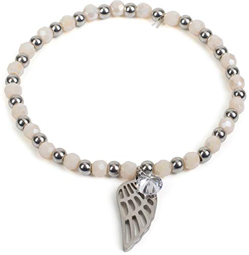 styleBREAKER Damen Edelstahl Perlen Armband mit Flügel und Strass Charm Anhänger, Gummizug, Kugelarmband, Schmuck 05040156, Farbe:Creme-Silber von styleBREAKER