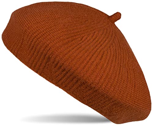 styleBREAKER Damen Feinstrick Baskenmütze mit dezentem Streifen Muster, Winter, Barett, Béret, Franzosen Mütze 04024200, Farbe:Cognac von styleBREAKER