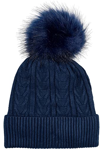 styleBREAKER Damen Feinstrick Bommelmütze mit Zopfmuster, Kunstfell Bommel Mütze, gefütterte Winter Strickmütze 04024100, Farbe:Dunkelblau von styleBREAKER