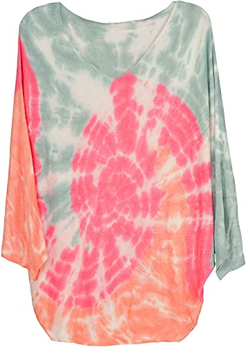 styleBREAKER Damen Feinstrick Poncho mit Batik Muster, 3/4 Ärmel, V-Ausschnitt, sommerlich leicht, Einheitsgröße 08010079, Farbe:Pink-Apricot-Grün von styleBREAKER