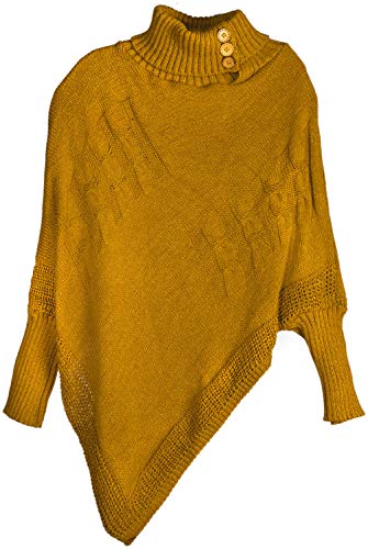 styleBREAKER Damen Feinstrick Poncho mit Zopfmuster und Ärmeln, Schalkragen 08010055, Farbe:Curry von styleBREAKER