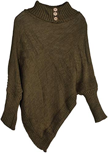 styleBREAKER Damen Feinstrick Poncho mit Zopfmuster und Ärmeln, Schalkragen 08010055, Farbe:Oliv von styleBREAKER