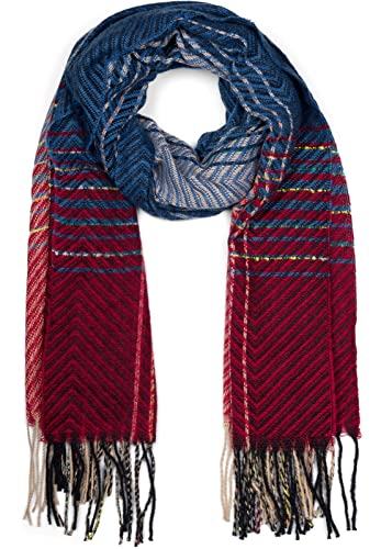 styleBREAKER Damen Feinstrick Schal mit bunt gestreiftem Zick-Zack Muster und Fransen, warme Winter Stola mehrfarbig 01017149, Farbe:Blau-Bordeaux-Rot von styleBREAKER