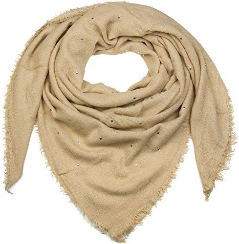 styleBREAKER Damen Feinstrick Viereckstuch mit Nieten und kurzen Fransen am Saum, Winter Schal, großes XL Tuch 01018147, Farbe:Beige von styleBREAKER