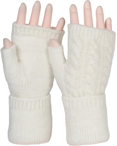 styleBREAKER Damen Fingerlose Handschuhe mit Zopfmuster und dezentem Metallic-Faden, Winter Strickhandschuhe 09010042, Farbe:Creme von styleBREAKER